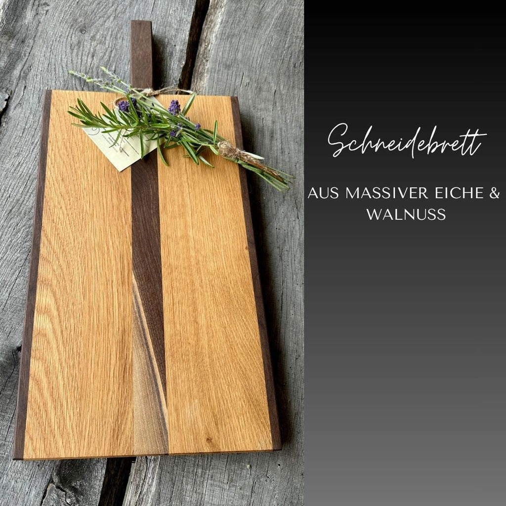 Handgefertigtes Schneidebrett mit Griff aus massiver Eiche und Walnuss